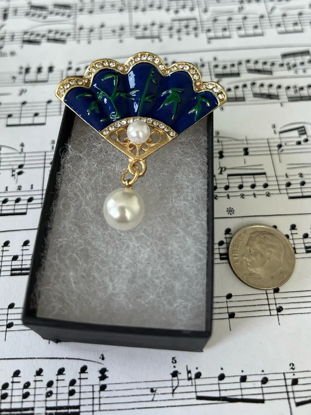 Blue Enamel Fan Brooch with Pearl Drop